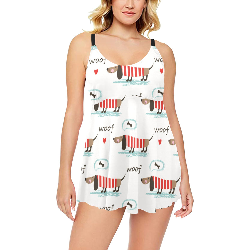 Cute dachshund bone pattern Chest Sexy Pleated Two Piece Swim Dress