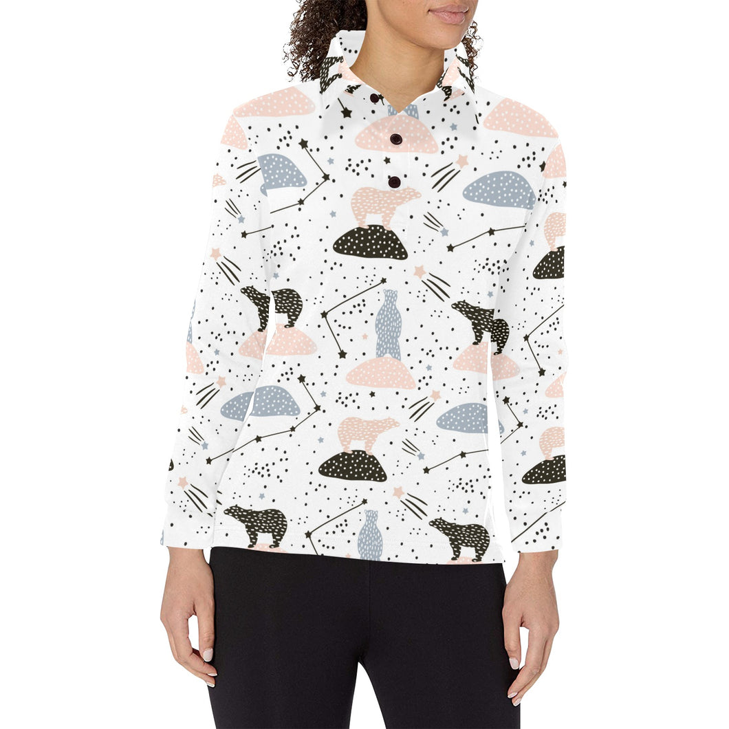 Polar bears star poka dot pattern Women's Long Sleeve Polo Shirt