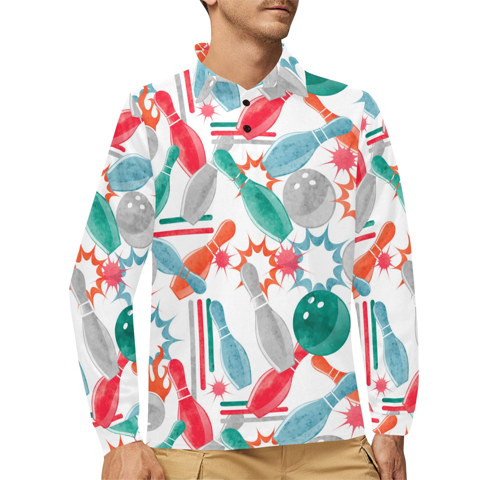 Watercolor bowling pattern Men's Long Sleeve Polo Shirt