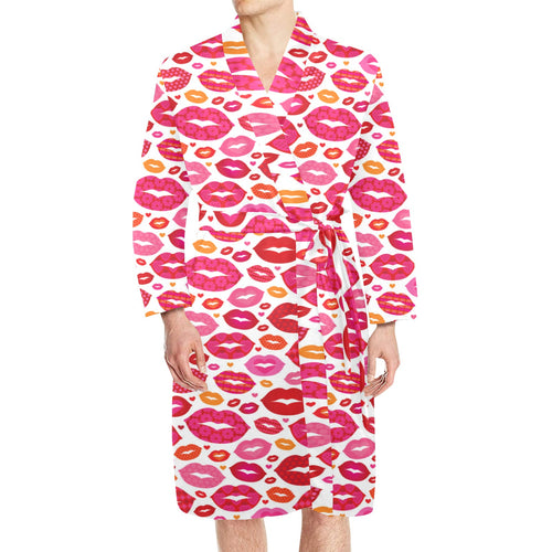 Lips Pattern Print Design 01 Men's Long Sleeve Belted Night Robe