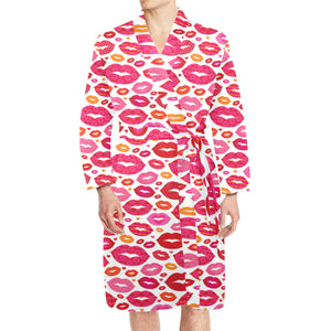 Lips Pattern Print Design 01 Men's Long Sleeve Belted Night Robe