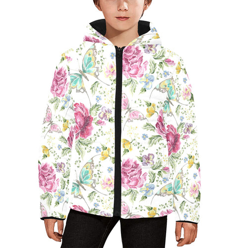 Hand drawn butterfly rose Kids' Boys' Girls' Padded Hooded Jacket