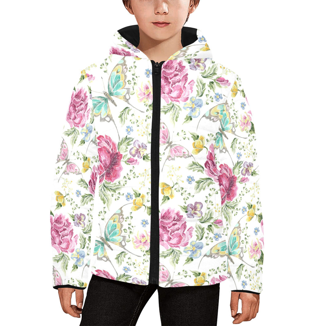 Hand drawn butterfly rose Kids' Boys' Girls' Padded Hooded Jacket