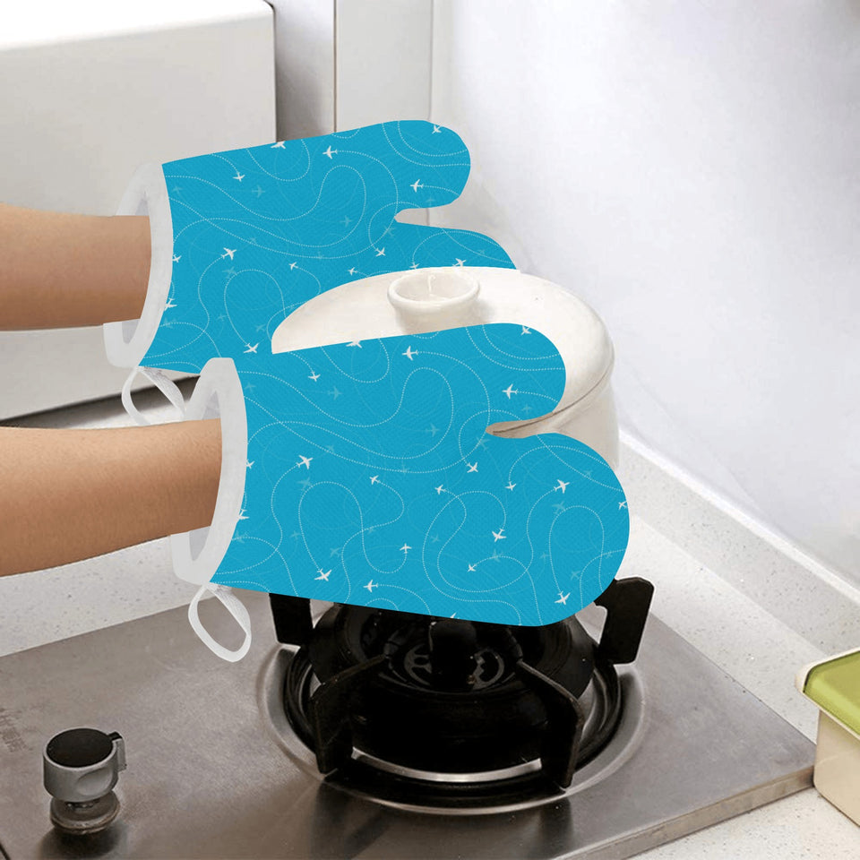 Airplane destinations blue background Heat Resistant Oven Mitts