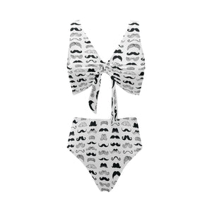 Mustache Beard Pattern Print Design 04 Chest Bowknot High Waisted Bikini Swimsuit