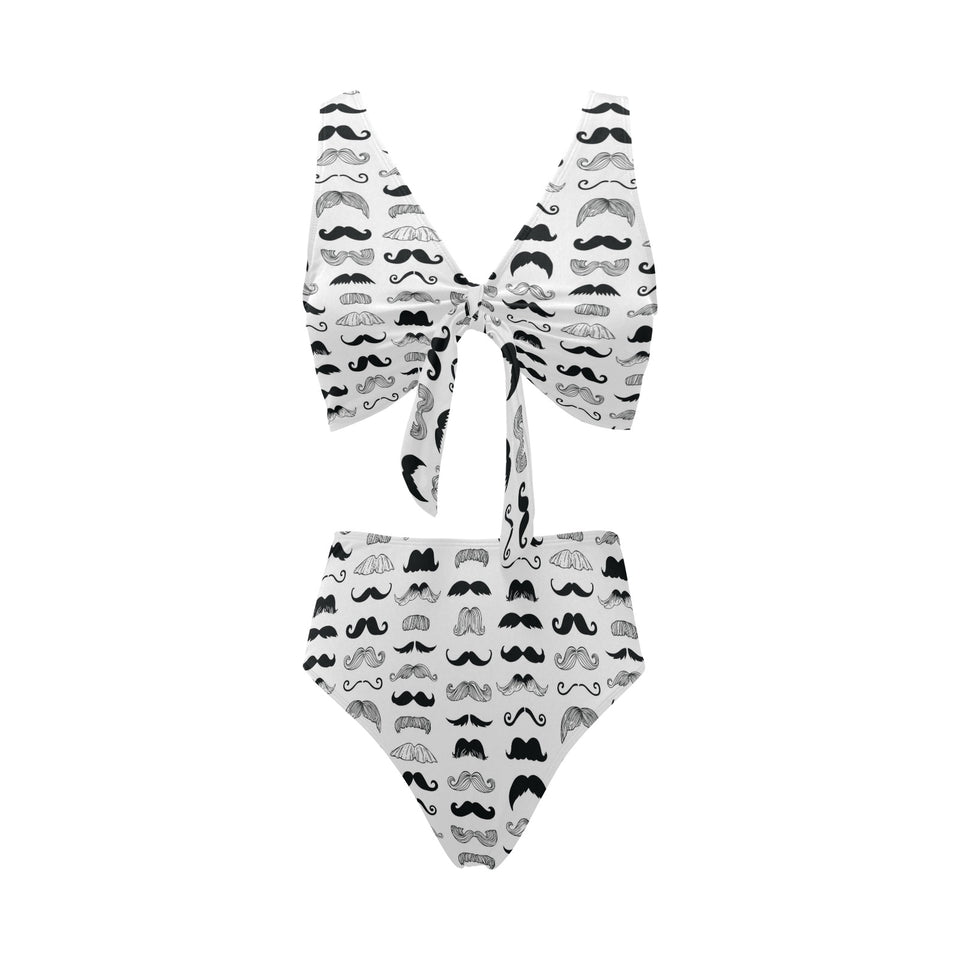 Mustache Beard Pattern Print Design 04 Chest Bowknot High Waisted Bikini Swimsuit