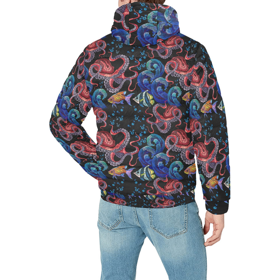 Octopus sea wave tropical fishe pattern Men's Padded Hooded Jacket