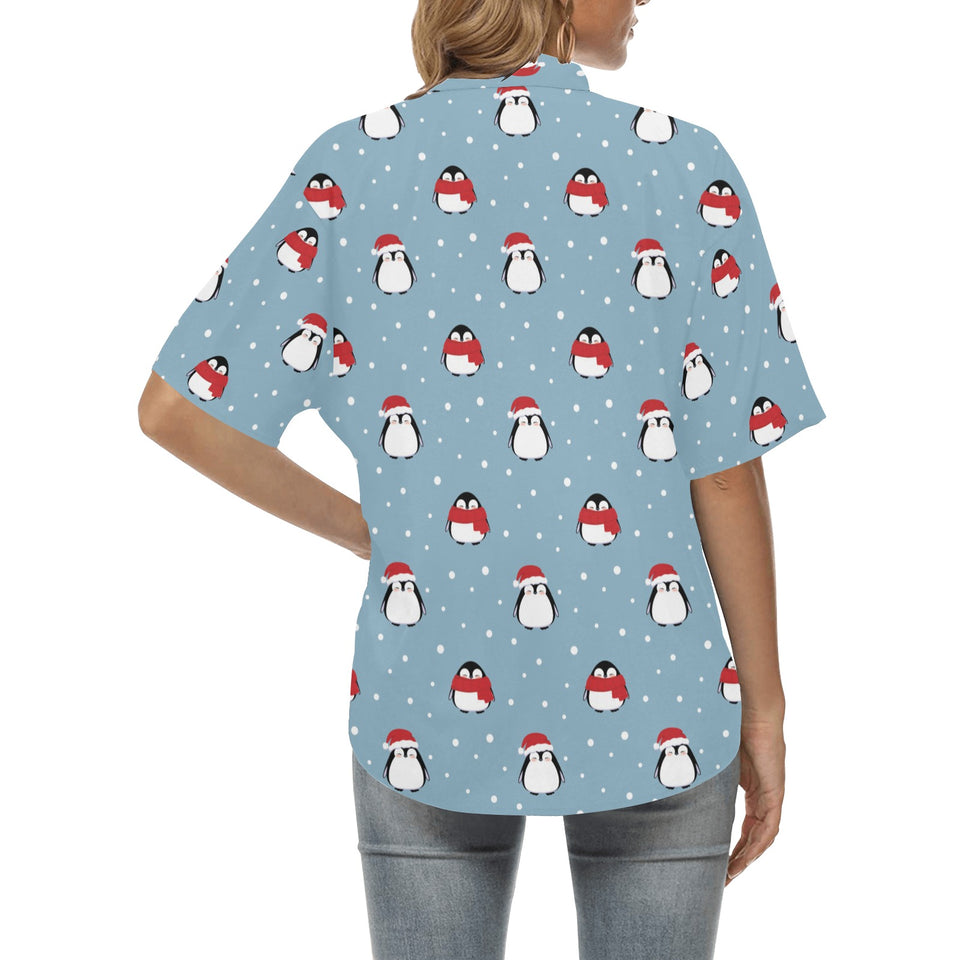 Cute penguin christmas snow pattern Women's All Over Print Hawaiian Shirt