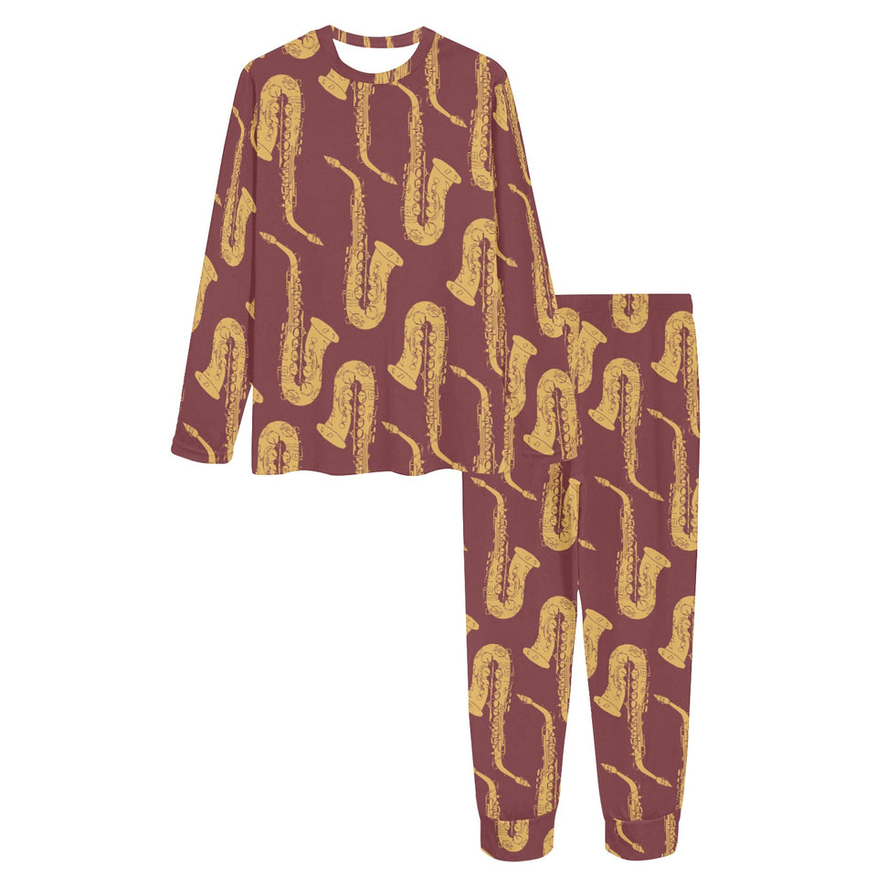 Hand drawn gold saxophone red background Women's All Over Print Pajama Set