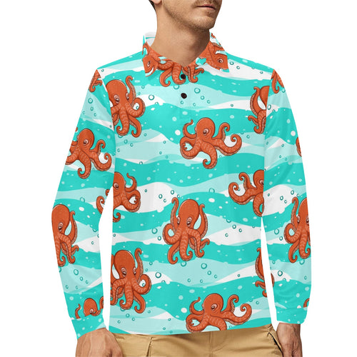 Octopuses sea wave background Men's Long Sleeve Polo Shirt