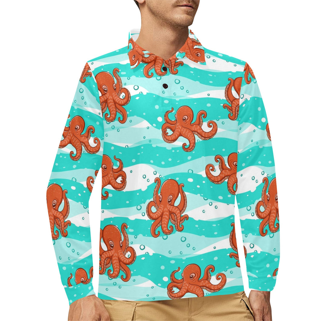 Octopuses sea wave background Men's Long Sleeve Polo Shirt