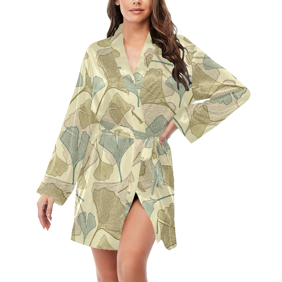Ginkgo leaves design pattern Women's Long Sleeve Belted Night Robe
