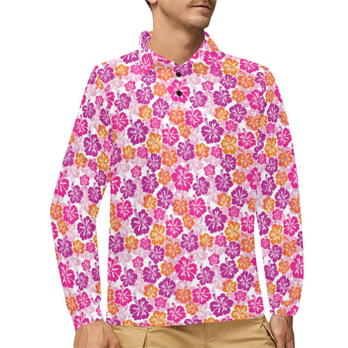 Hibiscus Pattern Print Design 01 Men's Long Sleeve Polo Shirt