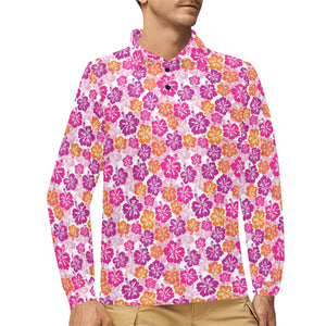Hibiscus Pattern Print Design 01 Men's Long Sleeve Polo Shirt