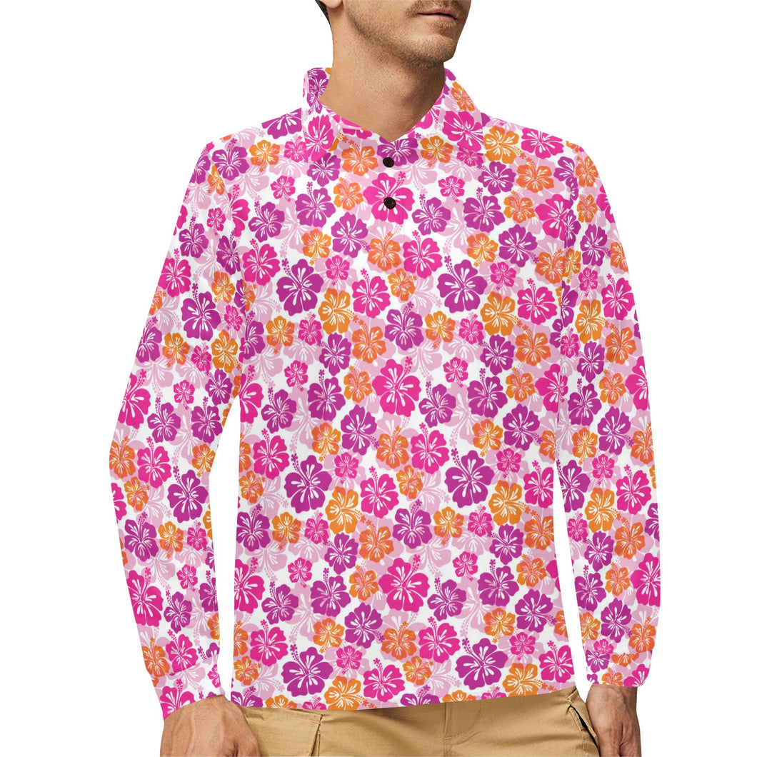 Hibiscus Pattern Print Design 01 Men's Long Sleeve Polo Shirt