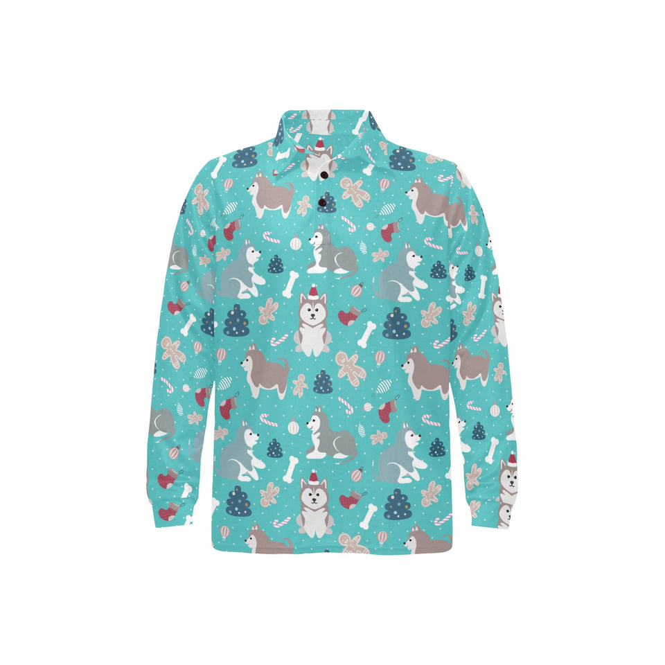 Christmas cute siberian husky puppie pattern Men's Long Sleeve Polo Shirt