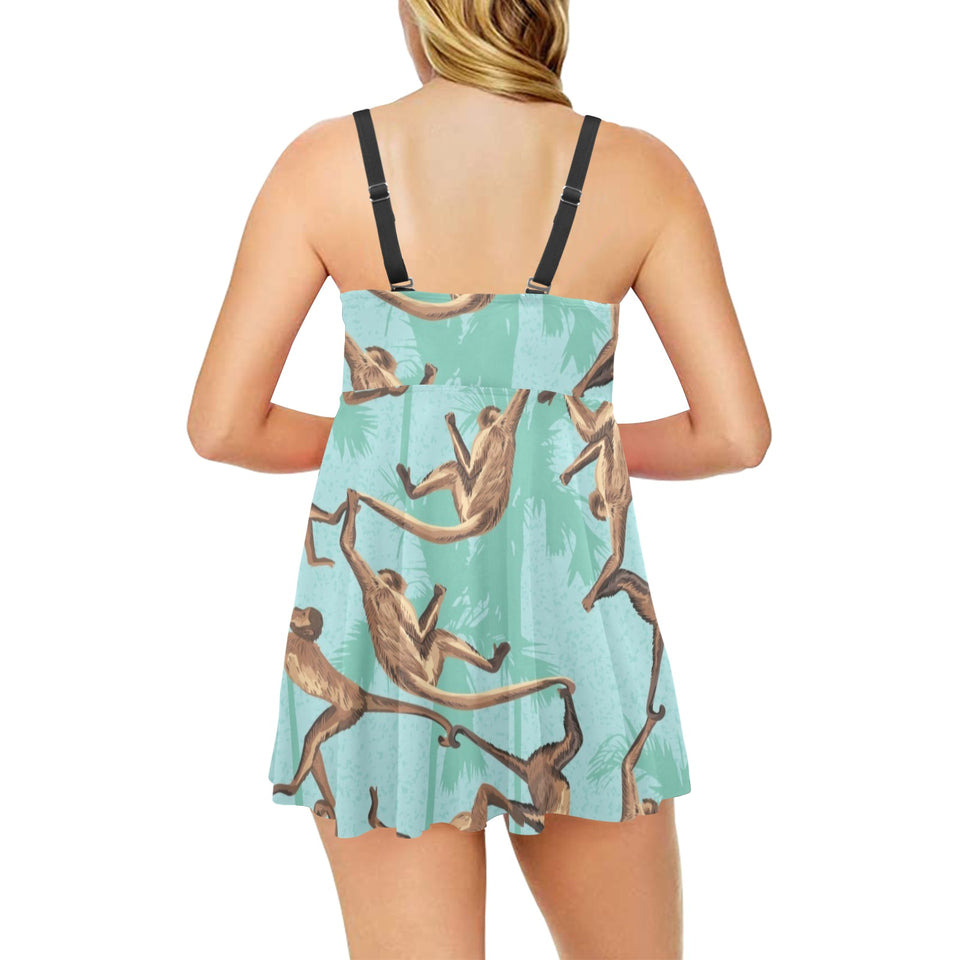 Monkey Palm tree background Chest Sexy Pleated Two Piece Swim Dress