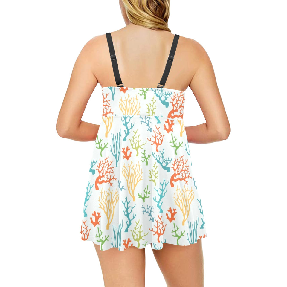 Coral Reef Pattern Print Design 02 Chest Sexy Pleated Two Piece Swim Dress