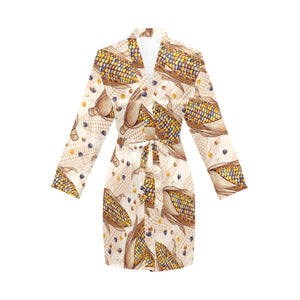Corn Pattern Print Design 03 Women's Long Sleeve Belted Night Robe