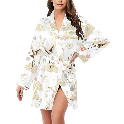 Beautiful Japanese cranes pattern Women's Long Sleeve Belted Night Robe