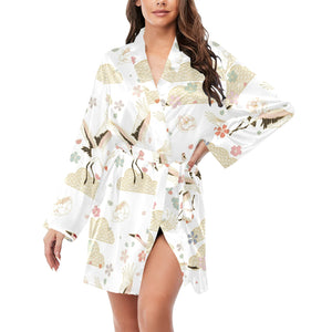 Beautiful Japanese cranes pattern Women's Long Sleeve Belted Night Robe