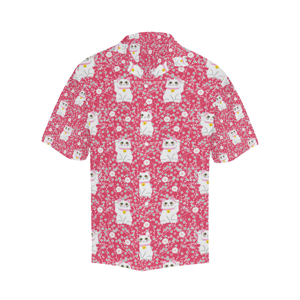 Maneki neko cat sakura pink background Men's All Over Print Hawaiian Shirt