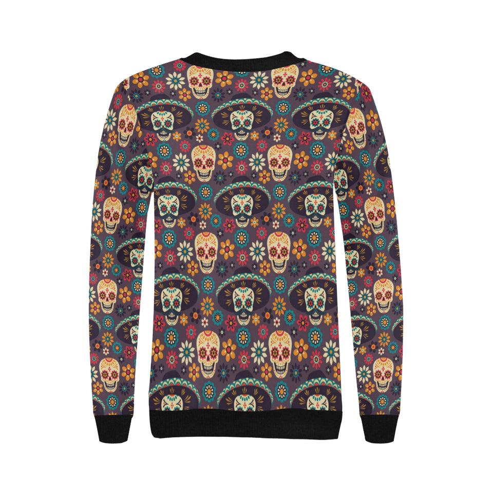 Sugar skulls flower maxican pattern Women's Crew Neck Sweatshirt