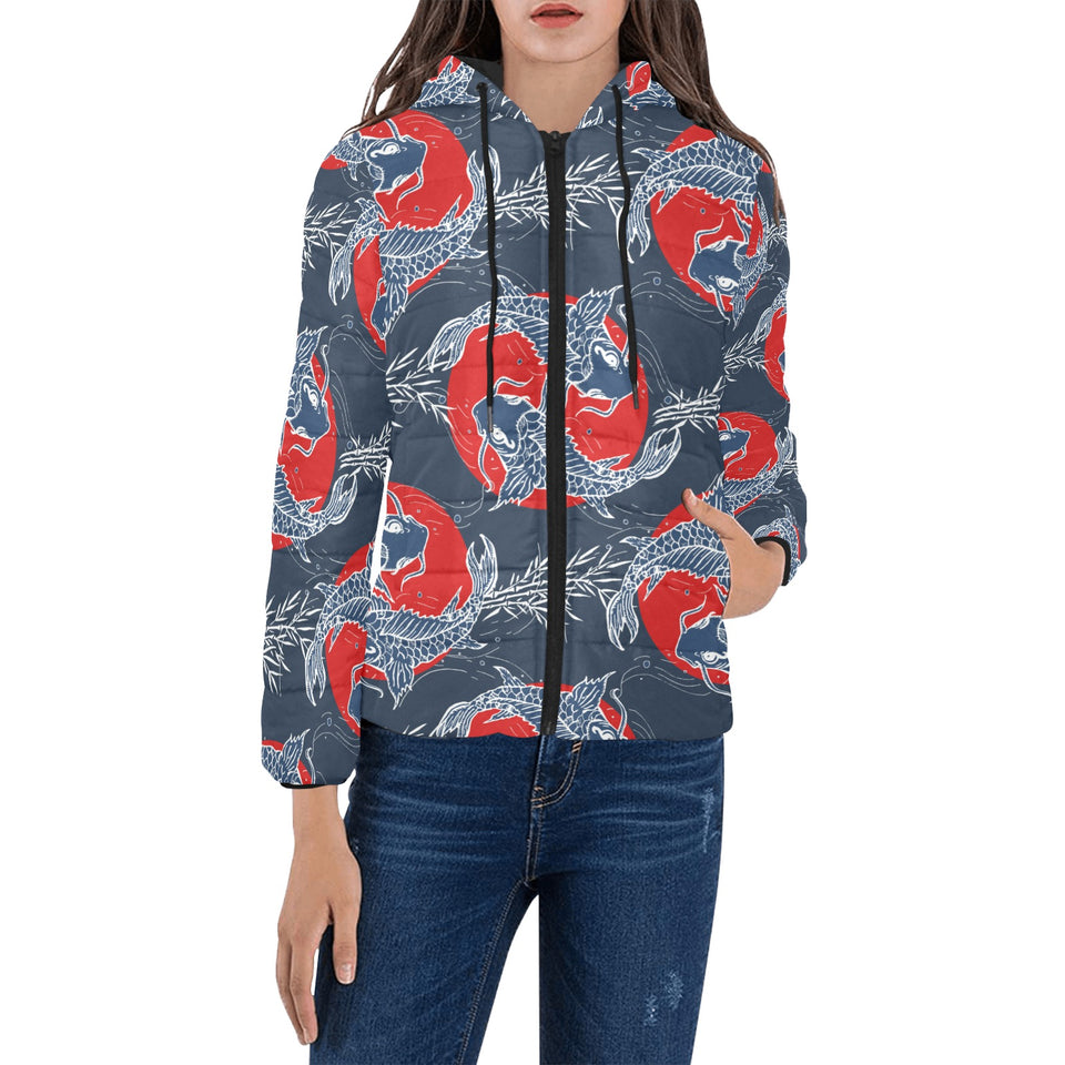 Koi Fish Carp Fishs hand drawn japanese art Women's Padded Hooded Jacket