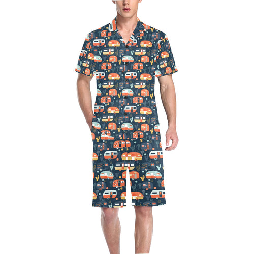 Camper Van Pattern Print Design 05 Men's V-Neck Short Pajama Set