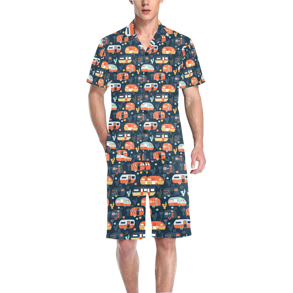Camper Van Pattern Print Design 05 Men's V-Neck Short Pajama Set