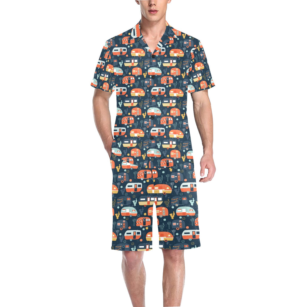Camper Van Pattern Print Design 05 Men's V-Neck Short Pajama Set
