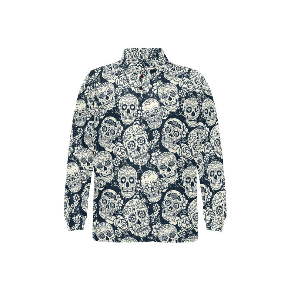 Sugar skull black white pattern Men's Long Sleeve Polo Shirt