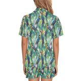Colorful parrot exotic flower leaves Women's V-Neck Short Pajama Set