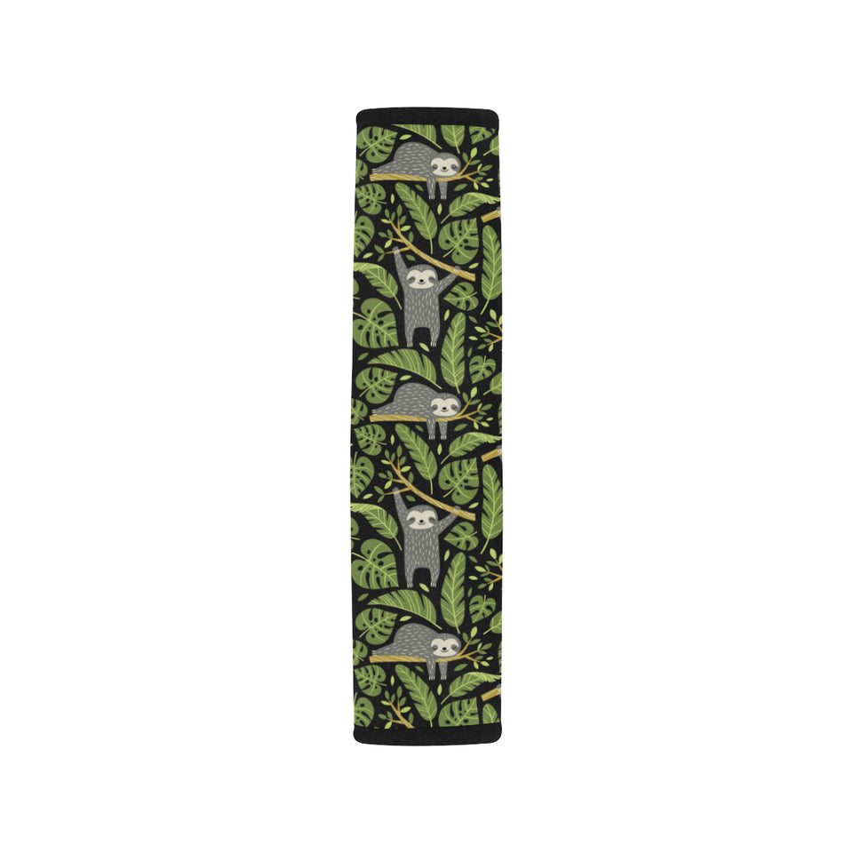 Cute sloths tropical palm leaves black background Car Seat Belt Cover