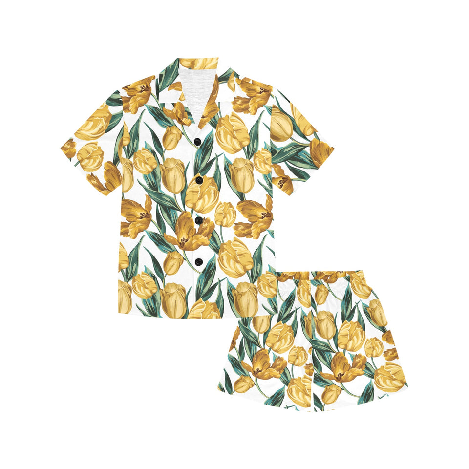 yellow tulips pattern Kids' Boys' Girls' V-Neck Short Pajama Set