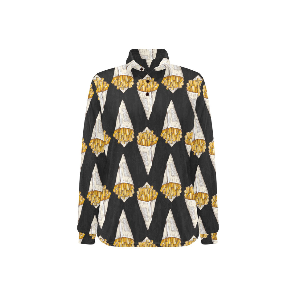 French fries dark background Women's Long Sleeve Polo Shirt