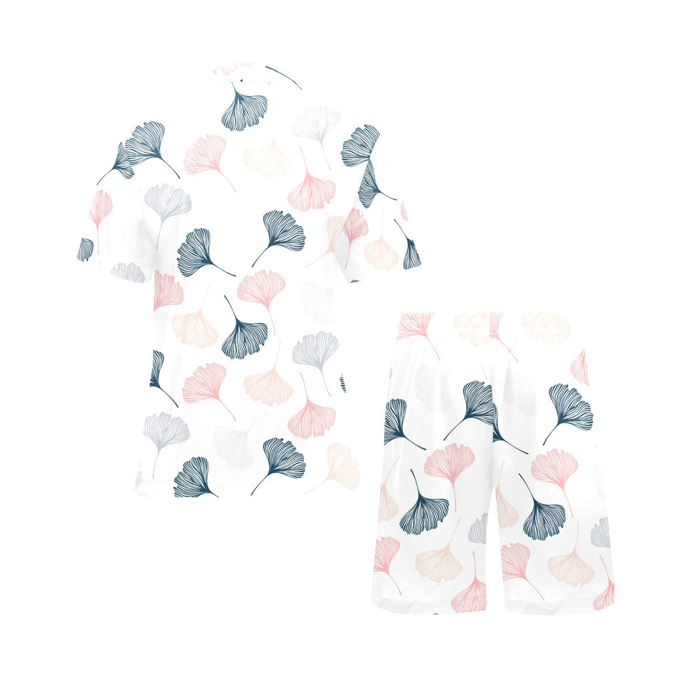 Black Gray Cream coral ginkgo leaves pattern Men's V-Neck Short Pajama Set