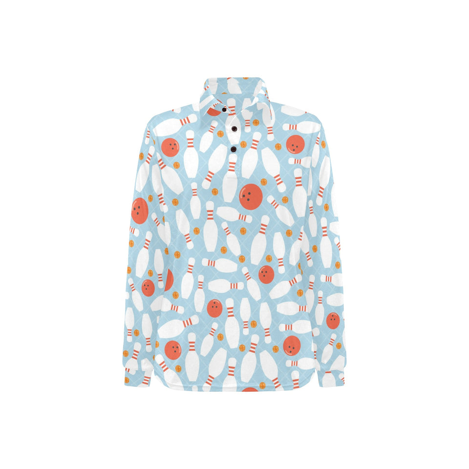 Bowling ball bowling pins blue blackground Women's Long Sleeve Polo Shirt