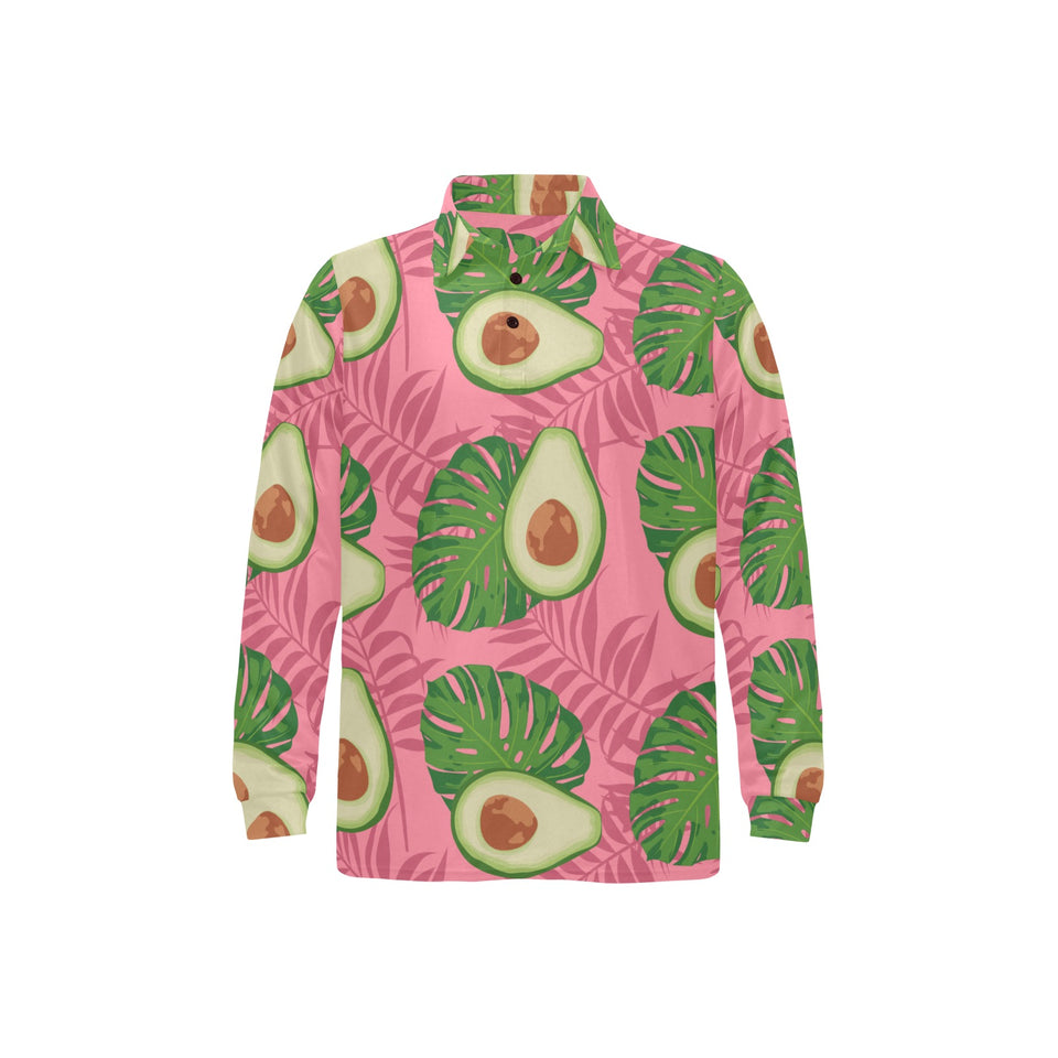 Avocado slices leaves pink back ground Men's Long Sleeve Polo Shirt