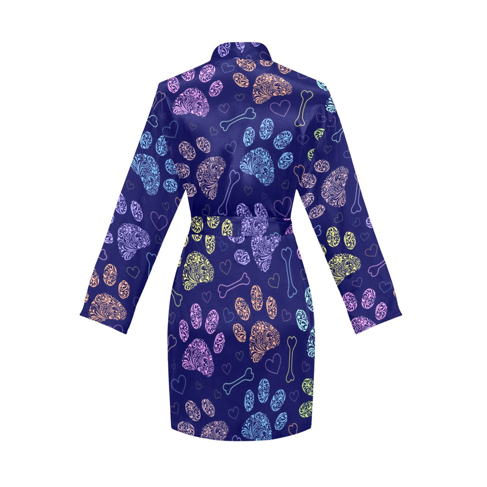 Dog Paws Pattern Print Design 02 Women's Long Sleeve Belted Night Robe