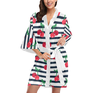 Hand drawn cherry pattern striped background Women's Short Kimono Robe