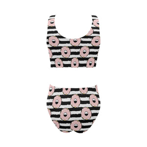 Donuts pink icing striped pattern Chest Bowknot High Waisted Bikini Swimsuit