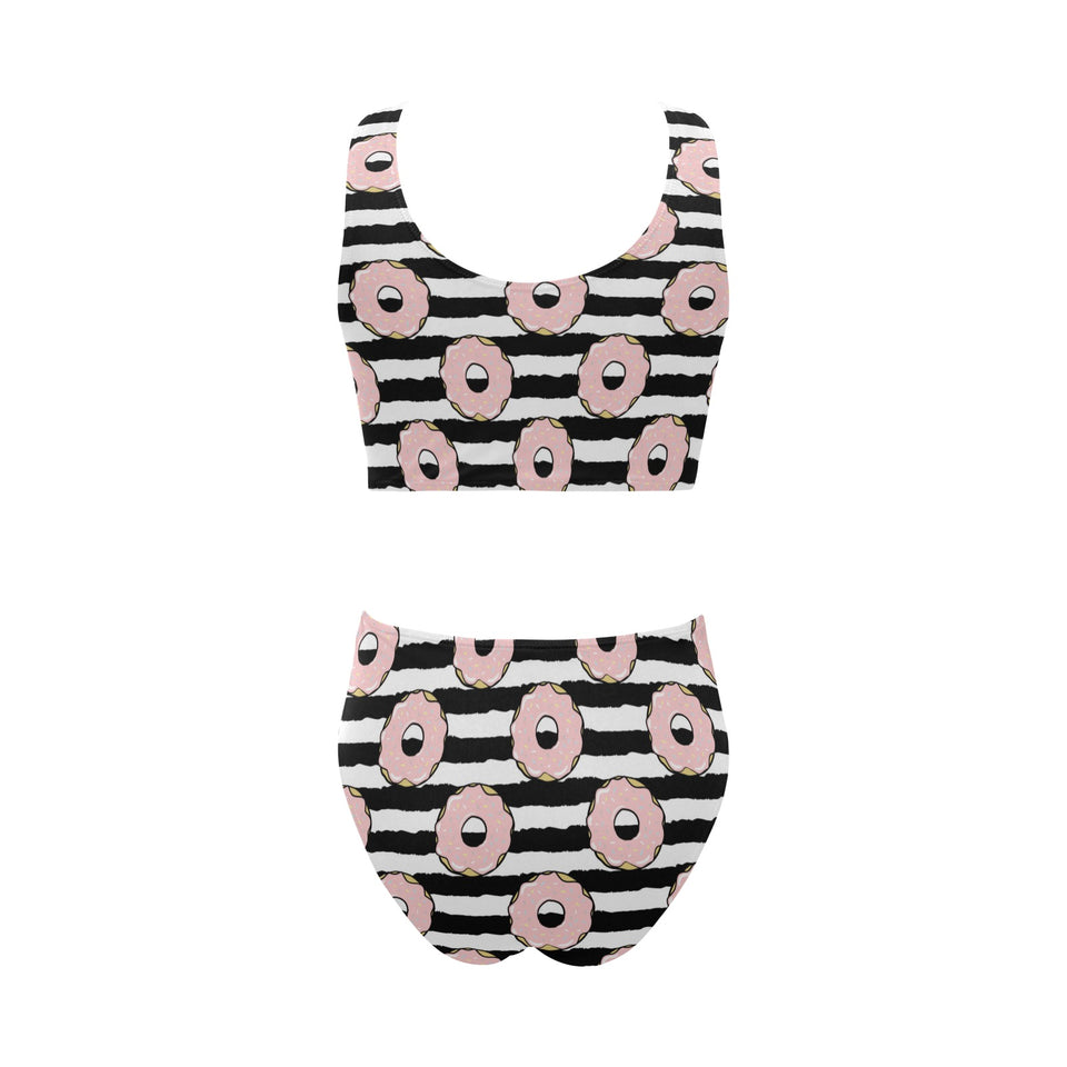 Donuts pink icing striped pattern Chest Bowknot High Waisted Bikini Swimsuit