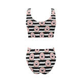 Donuts pink icing striped pattern Chest Bowknot High Waisted Bikini Swimsuit