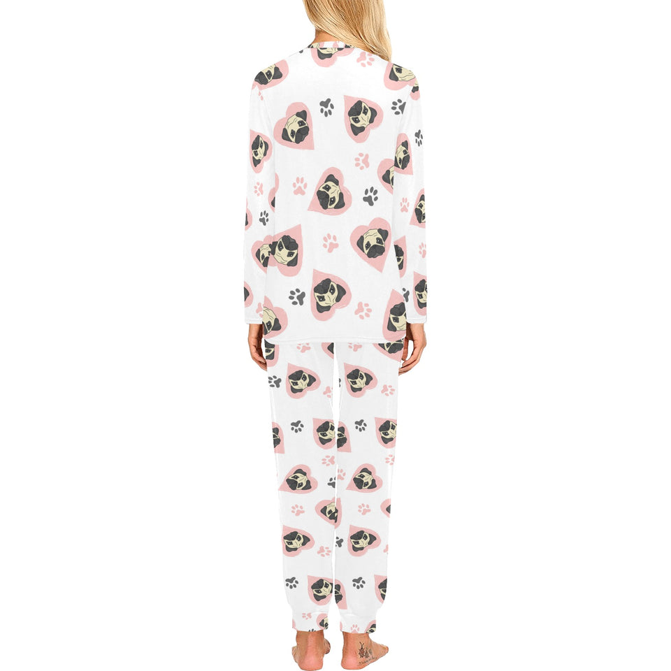 Cute pugs pink heart paw pattern Women's All Over Print Pajama Set