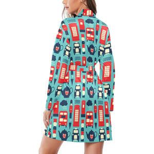 British Pattern Print Design 04 Women's Long Sleeve Belted Night Robe