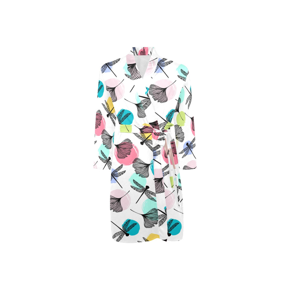 Dragonflies ginkgo leaves pattern Men's Long Sleeve Belted Night Robe