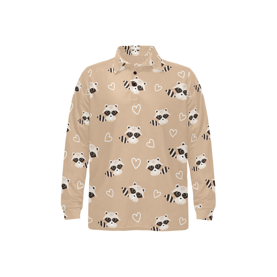 Cute raccoon heart pattern Men's Long Sleeve Polo Shirt