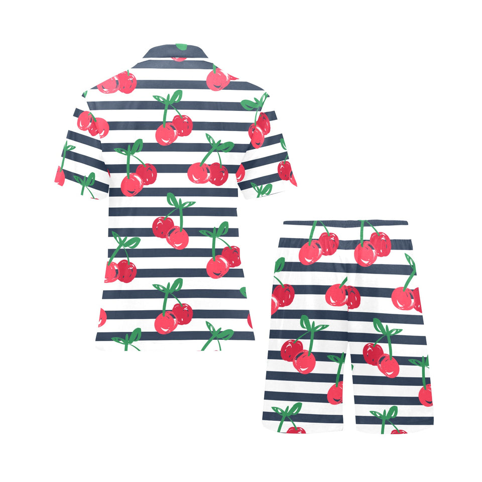 Hand drawn cherry pattern striped background Men's V-Neck Short Pajama Set