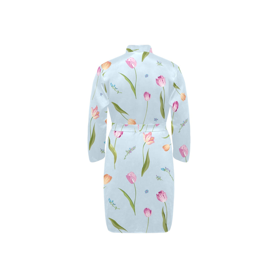 Watercolor Tulips pattern Men's Long Sleeve Belted Night Robe